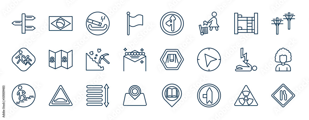 Poster set of maps and flags web icons in outline style. thin line icons such as divarication, plain flag, 
