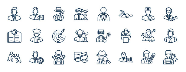set of professions web icons in outline style. thin line icons such as businessman, chemist, orthodontist, concierge, welder, office worker, mechanic, statistician vector.