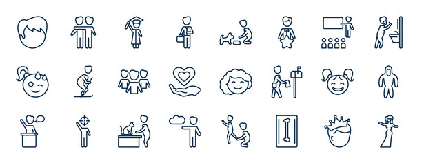 set of people web icons in outline style. thin line icons such as heads, man with company, teacher and students, ski stick man, girl smile, protective suit, vet with cat, radiologist working vector.