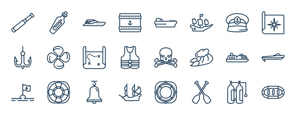 set of nautical web icons in outline style. thin line icons such as nautical monocular, sea package, captain hat, propeller, skull and bones, roofless speed boat, boat bell, paddles vector.
