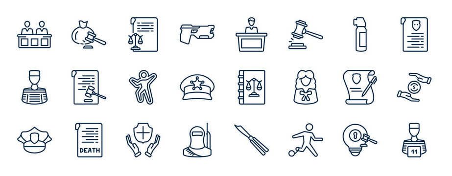 set of law and justice web icons in outline style. thin line icons such as jury, electroshock weapon, pepper spray, corporative law, law book, property and finance, qualified protection, escape