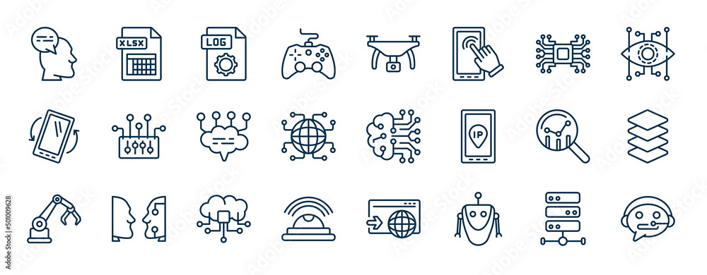 Poster set of artificial intelligence web icons in outline style. thin line icons such as thought, game con