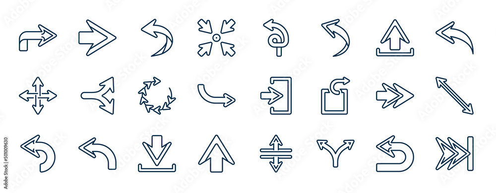 Poster set of arrows web icons in outline style. thin line icons such as right arrow curved, minimize, uplo