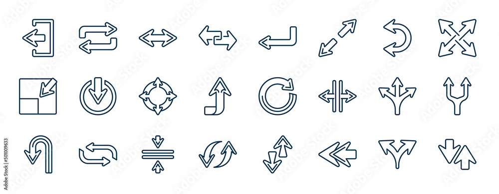 Poster set of arrows web icons in outline style. thin line icons such as exit top right, transfer, double c