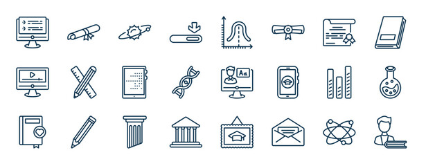 set of education web icons in outline style. thin line icons such as online test, window scrolling medium, sealed diploma, school supplies, online class, full test tube, greek pillar, open email