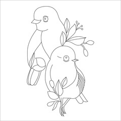 Coloring book for adult and older children. Coloring page with cute birds and floral frame. Outline drawing in zentangle style