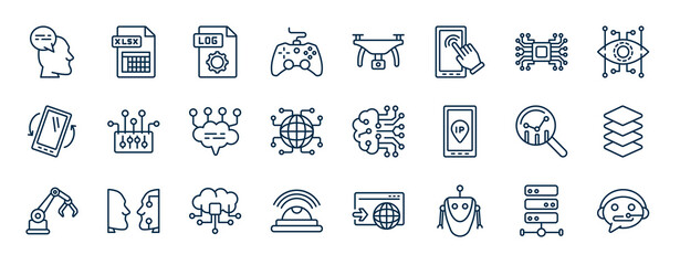 set of artificial intelligence web icons in outline style. thin line icons such as thought, game control, artificial intelligence, control, cookies, layers, cloud computing, robot vector.