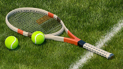 Tennis balls and racket for playing lawn tennis on the grass court - Powered by Adobe