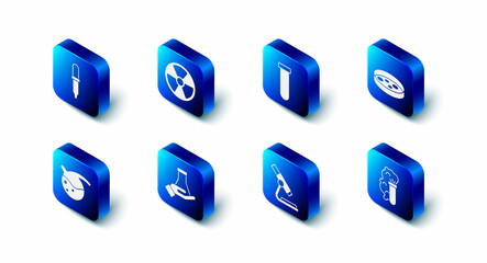 Set Radioactive, Test tube and flask, Petri dish with bacteria, Chemical explosion, Microscope, and Pipette icon. Vector