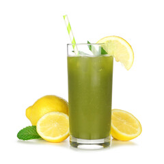 Summer iced matcha tea lemonade in a glass with paper straw, lemons and mint isolated on a white background - obrazy, fototapety, plakaty