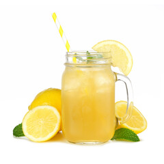 Summer iced green tea lemonade in a mason jar glass with paper straw, mint and lemons isolated on a white background