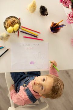 Cute boy, child in red shirt, drawing picture for Mothers day, little chicks on the table