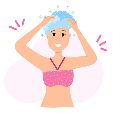 Young woman's washing head and hair. Girl raised hands to the head, lathers shampoo, makes foam and bubbles around head. Concept of cleansing and clarifying hair. Haircare routine step by step.