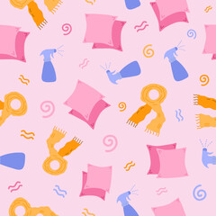 Cute and colorful vector seamless hand drawn pattern with cosmetic products for Curly Girl Method (curly hair routine). Can be used for, wrapping paper, bedclothes, notebook, packages, gift paper.