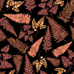 Naklejka na ściany i meble Watercolor seamless pattern with fern leaves. Foliage decoration. Vintage botanical exotic illustration wallpaper. 