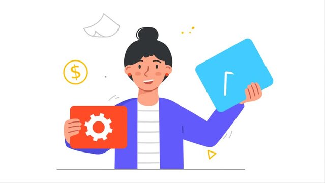 Business Activities video concept. Young moving female entrepreneur holds buttons with gear and up arrow. Mechanism for achieving success or goal. Flat graphic animated cartoon in doodle style