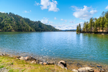 Spring view of the Fernan Lake Natural area a small, shallow lake in the rural mountain community...