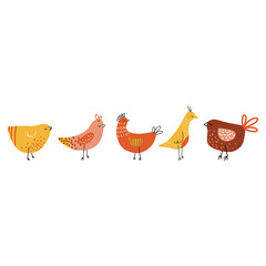 Collection of vector hand drawn birds. Cartoon set of hens. Illustration for icon, logo, print, card, emblem, label