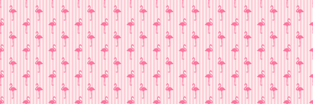 Seamless striped texture with flamingos. Cartoon birds. Web banner. Colorful illustration