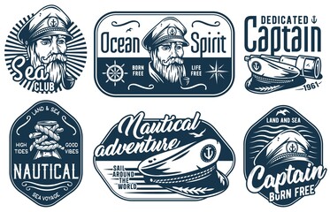 Marine bollard and nautical prints with captain cap, seafarer, voyager or marine cruises, sea or ocean adventure - obrazy, fototapety, plakaty