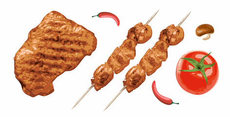 Meat kebab. Grilled meat. Vegetables.