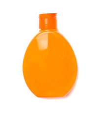 Bottle with sun protection cream isolated on white, top view