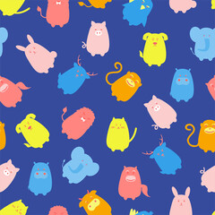 Animal pattern cartoon. Seamless pets. Hippopotamus, Lion, Cat, Elephant, Rabbit, Monkey, Deer, Horse, Cow, Parrot, Pig, Dog. Flat design.