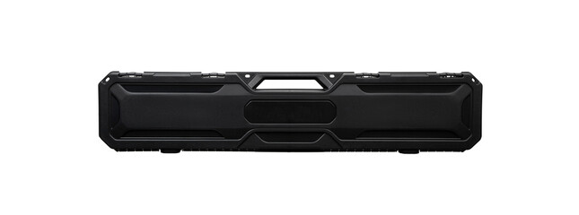 Black plastic case with foam inside. Weapon case isolate on white back.