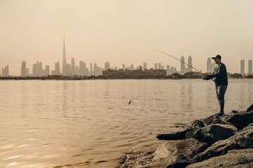 Man cought a fish from the rocks with the Dubai skyline on the b