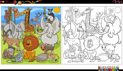 cartoon wild animal characters group coloring book page