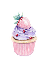 Watercolor illustration of cupcake with pink chocolate covered strawberry. Sweet dessert.