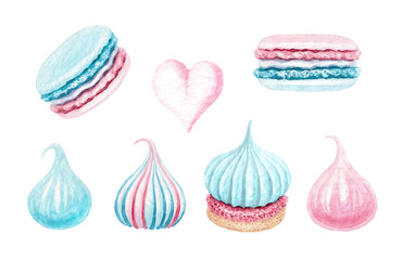 Set of watercolor macaroon and meringue illustration. Sweet desserts.