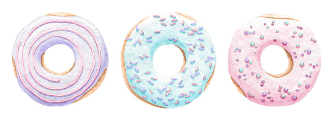 Set of watercolor donuts. Pink, blue, violet toppings. Glazed donuts. Sweet desserts.