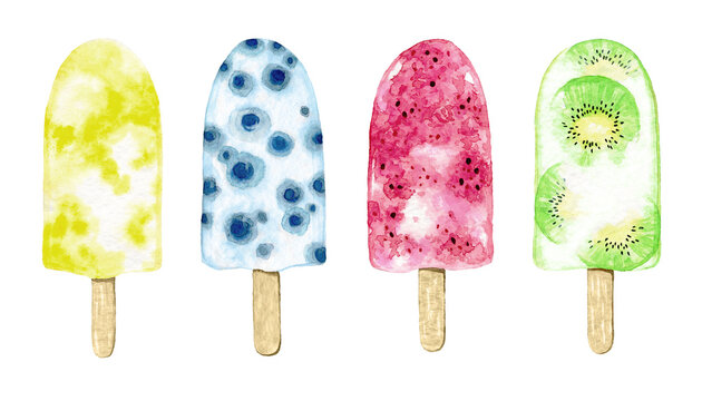 Bright summer watercolor illustration of vegan healthy fruit and berry ice cream