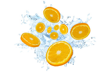 Fototapeta na wymiar Collection of fresh Orange with splashing clear water on white background. Selective focus