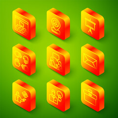 Set line Browser files, Worker location, Chalkboard, Project team base, Two sitting men talking, Envelope, Marketing target strategy and Human with lamp bulb icon. Vector