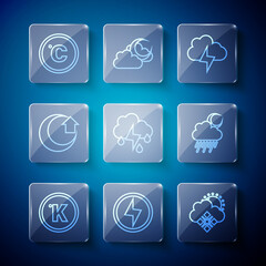 Set line Kelvin, Lightning bolt, Cloud with snow and sun, Storm, rain lightning, Moon, Celsius and moon icon. Vector