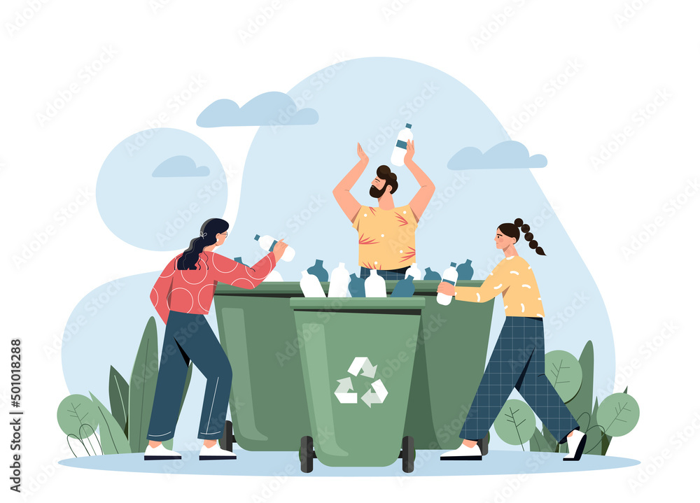 Poster plastic pollution problem. yong men and girls put bottles in garbage containers. volunteers and resp