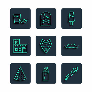 Set line Nachos, Burrito, Snake, Popsicle ice cream, Poncho, Mexican house, Tequila glass with lemon and Mustache icon. Vector