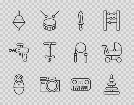 Set line Tumbler doll toy, Pyramid, Sword, Photo camera, Whirligig, Pogo stick jumping, Toy piano and Baby stroller icon. Vector