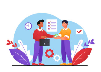 Men conclude agreement. Businessman gives money to employee or seller with sports case. Partnership and financial literacy. Chief pays salary of subordinate. Cartoon flat vector illustration