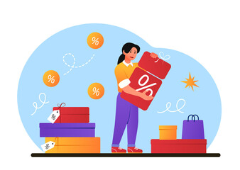 Discount coupon concept. Young girl with price tags. Metaphor for product promotion, special offer for regular customers, sales and promotions in clothing store. Cartoon flat vector illustration