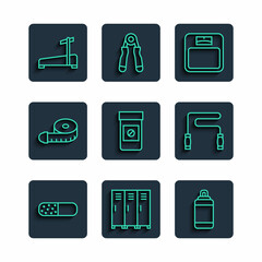 Set line Vitamin pill, Locker or changing room, Punching bag, Bathroom scales, Anabolic drugs, Tape measure, Treadmill machine and Jump rope icon. Vector