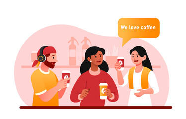 We love coffee. Friends with hot drinks communicate. Characters in coffee shop, cafe or restaurant with mugs. Comfortable rest and lunch break. Cappuccino or latte. Cartoon flat vector illustration