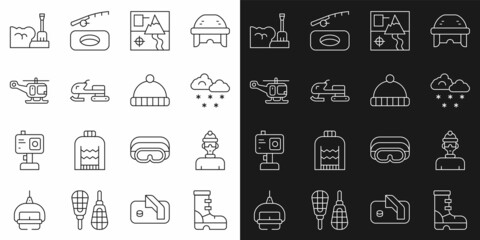 Set line Waterproof rubber boot, Winter athlete, Cloud with snow, Folded map, Snowmobile, Rescue helicopter, Shovel snowdrift and hat icon. Vector