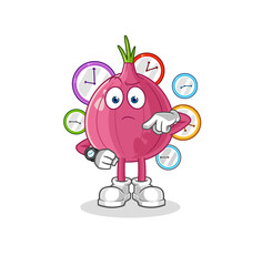 red onion with wristwatch cartoon. cartoon mascot vector
