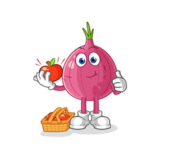 red onion eating an apple illustration. character vector