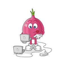 red onion with laptop mascot. cartoon vector