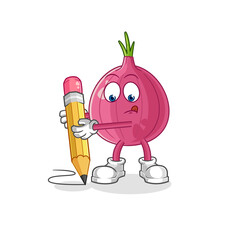 red onion write with pencil. cartoon mascot vector