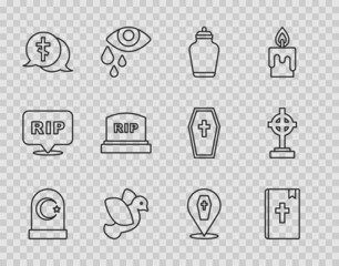 Set line Muslim cemetery, Holy bible book, Funeral urn, Dove, Grave with cross, Tombstone RIP written, Coffin and icon. Vector